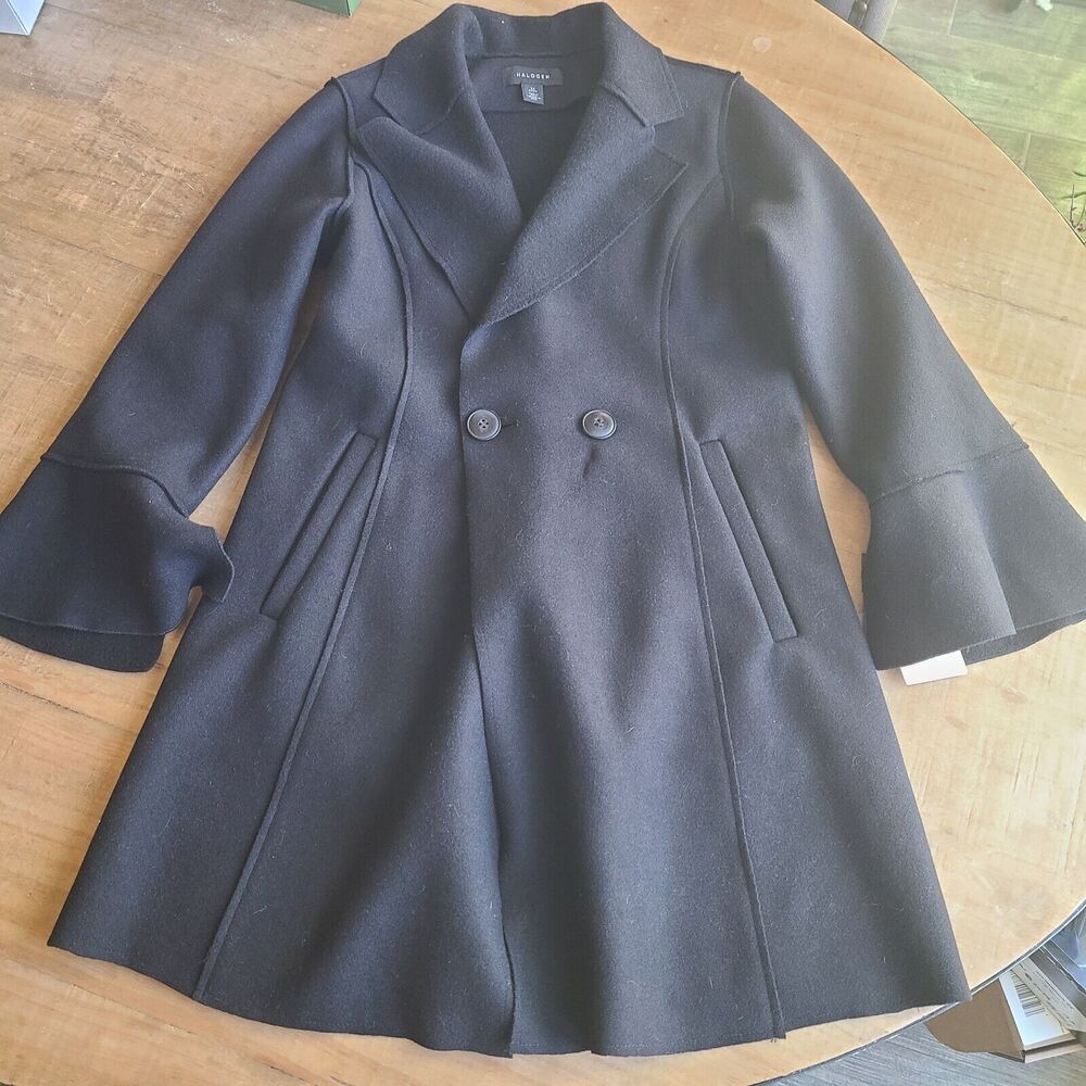 Halogen Womens Black Single Button‎ Pea Coat Thin 30% Wool Size XS Black Jacket